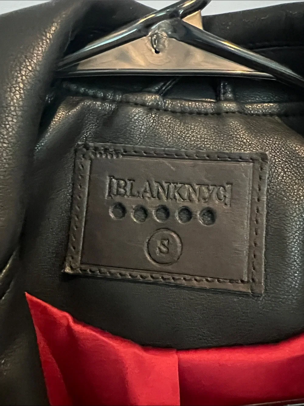 Blank NYC Black Faux Leather Biker Jacket with Red Lining